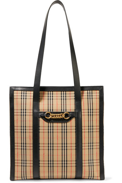 Embellished leather-trimmed checked cotton-drill tote