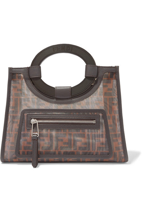 Runaway small leather-trimmed printed mesh tote