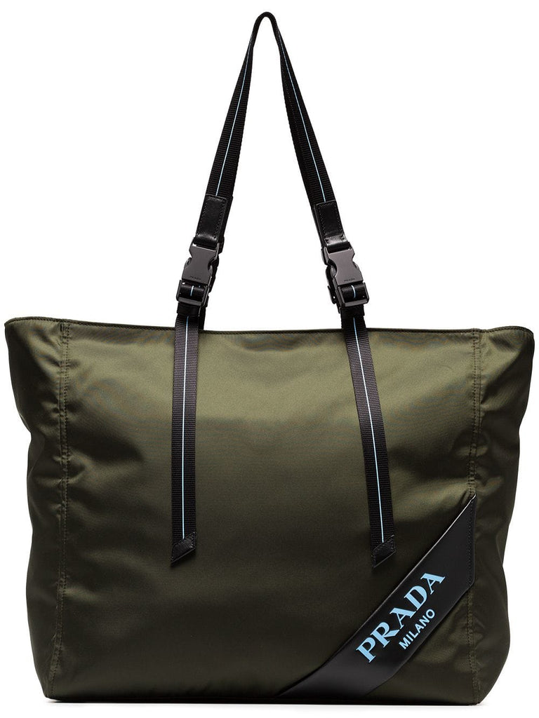 green logo embossed nylon tote bag