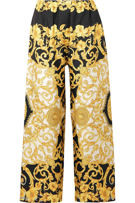 Printed cropped silk-charmeuse wide-leg pants