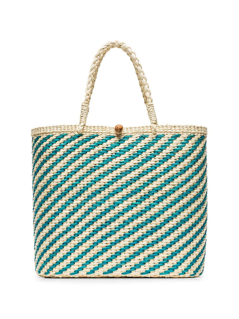 teal and cream woven straw tote bag