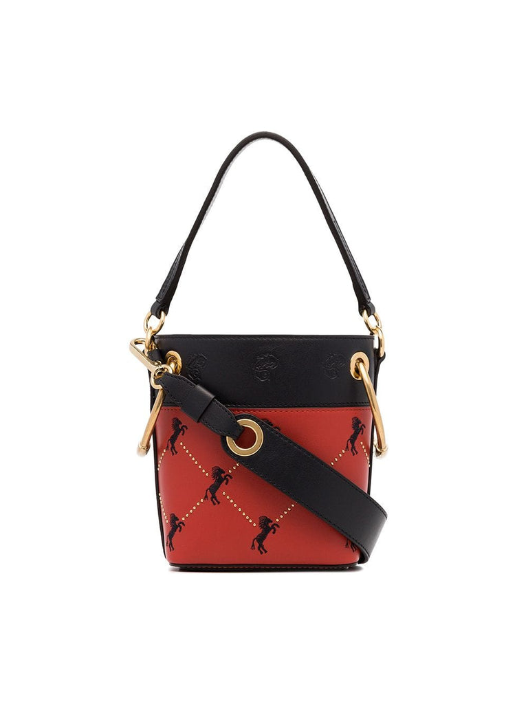 red and black roy horse embroidered leather bucket bag