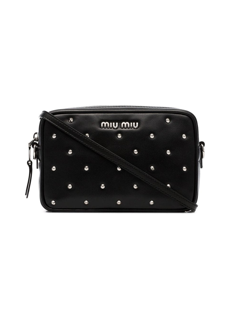 black stud embellished leather camera bag