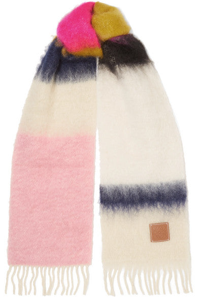 Striped fringed brushed mohair and wool-blend scarf