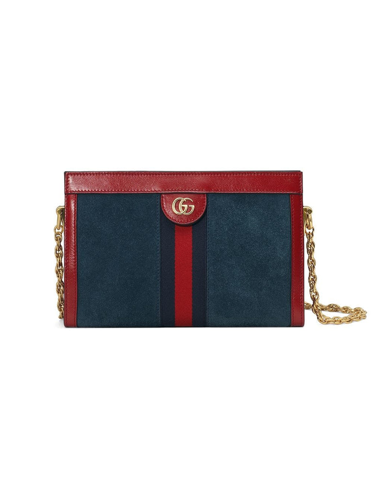 Red and navy Ophidia small suede and leather shoulder bag