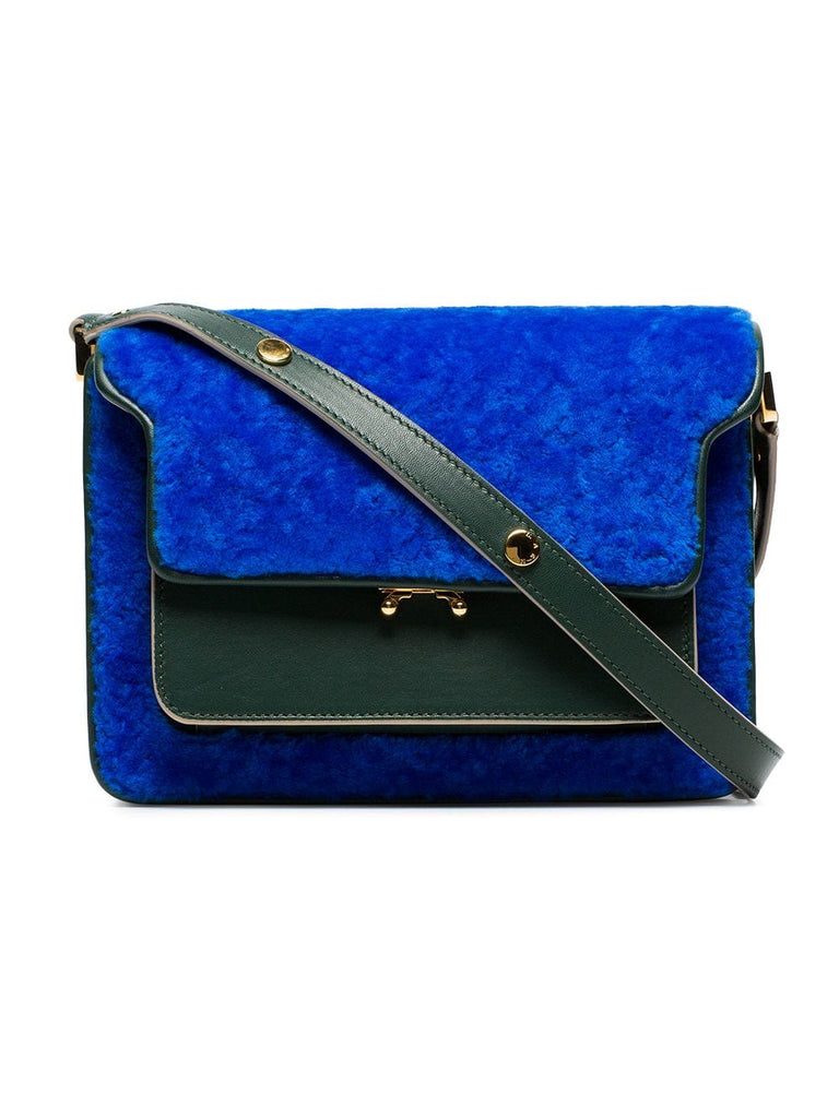 blue and green trunk shearling and leather shoulder bag