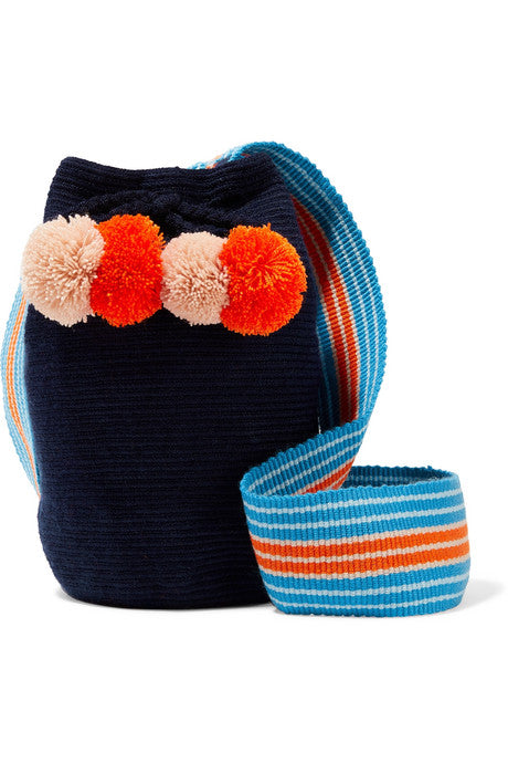 Lulu pompom-embellished woven bucket bag