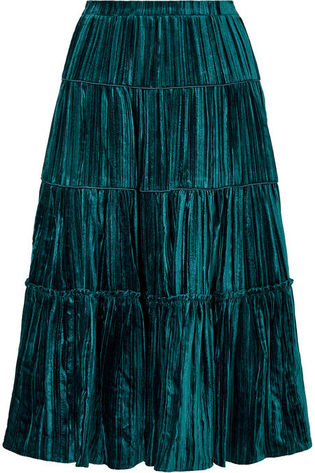 Tiered plissé-velvet midi skirt