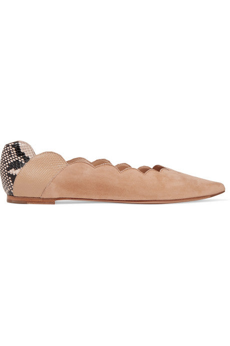 Lauren scalloped suede and snake-effect leather point-toe flats