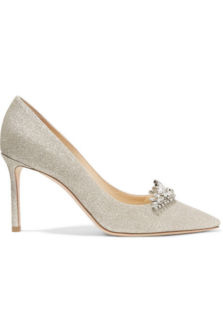 Romy 85 crystal-embellished glittered leather pumps