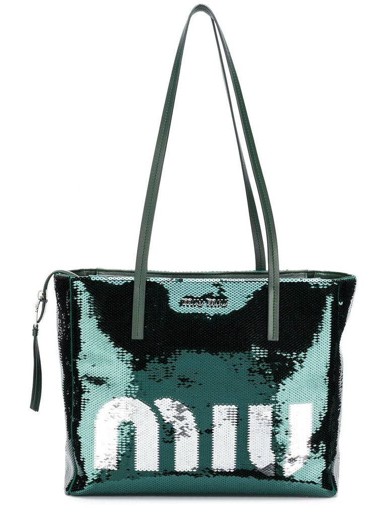 emerald green logo sequin tote bag