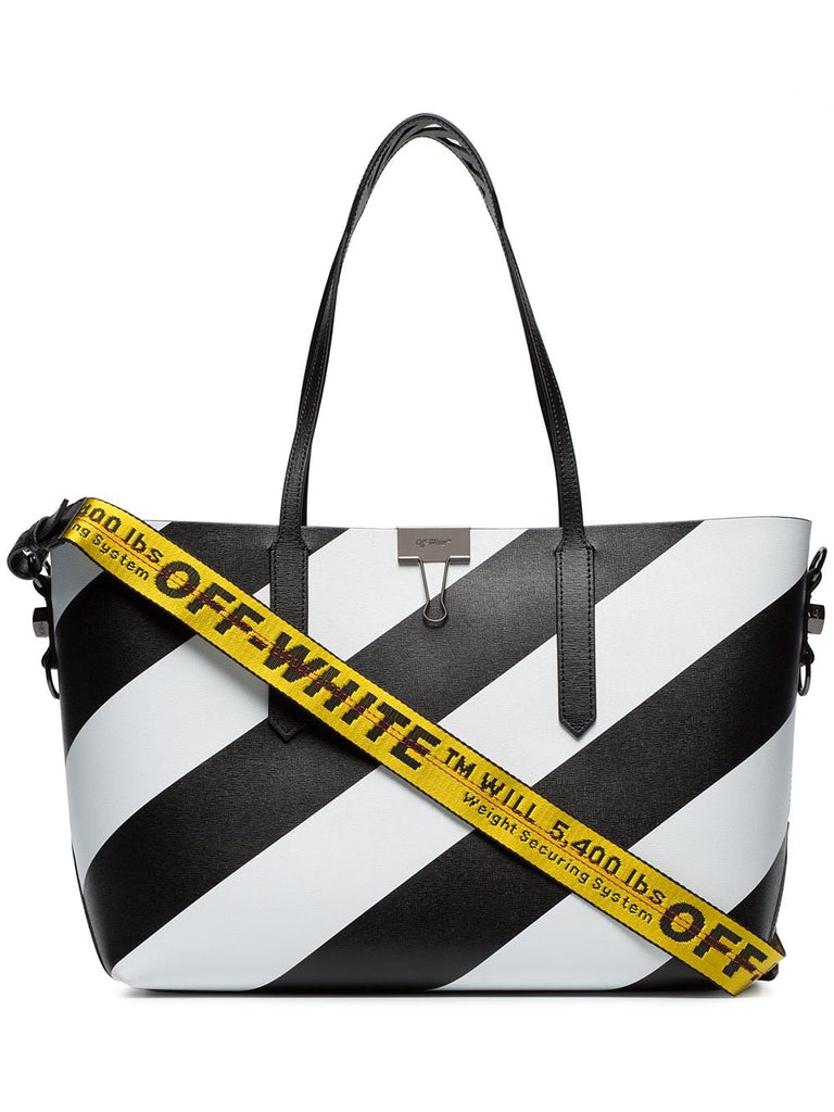 Black and white diagonal striped leather tote