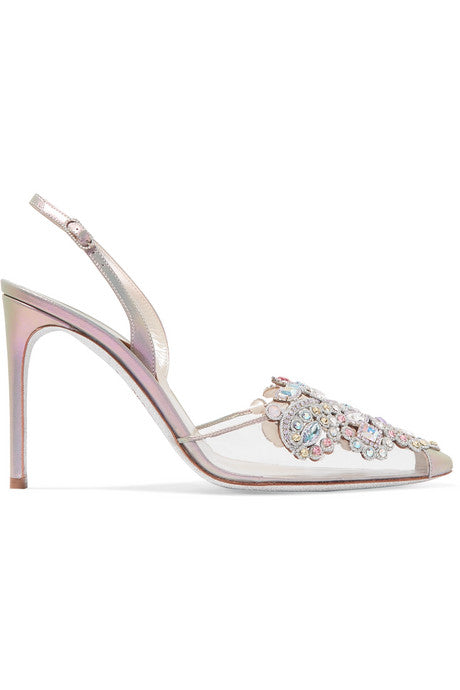 Veneziana embellished leather and PVC slingback pumps