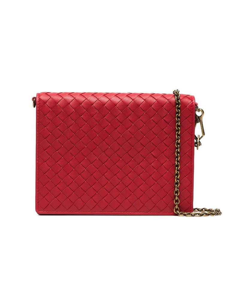 red  Intrecciato leather wallet on a chain