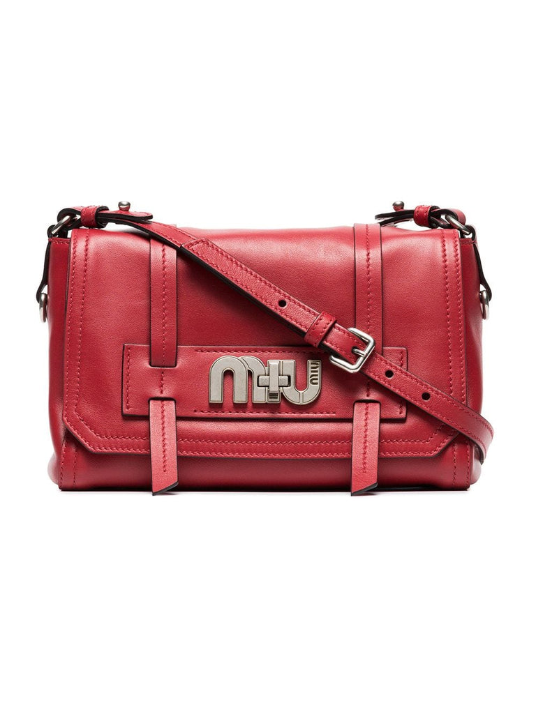 red logo buckle leather satchel bag