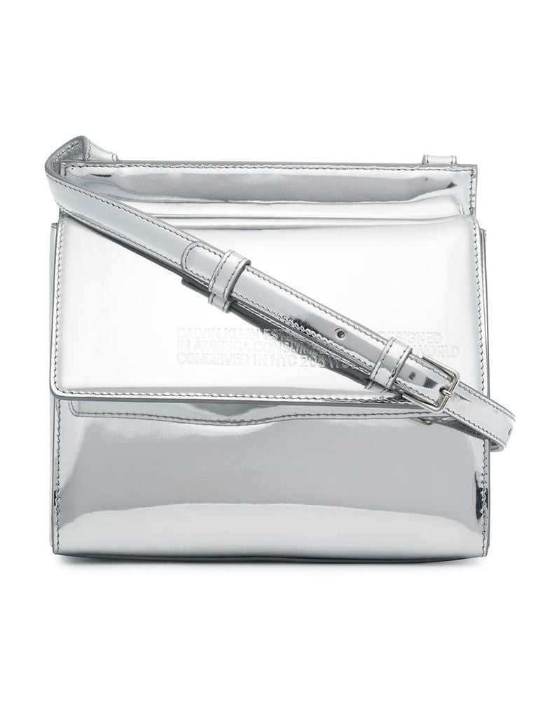 silver metallic logo leather cross body bag