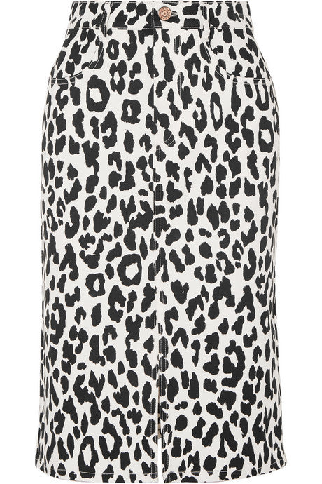 Leopard-print denim midi skirt