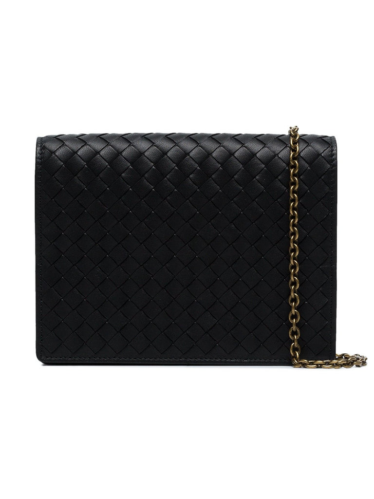 black Intrecciato leather wallet on a chain