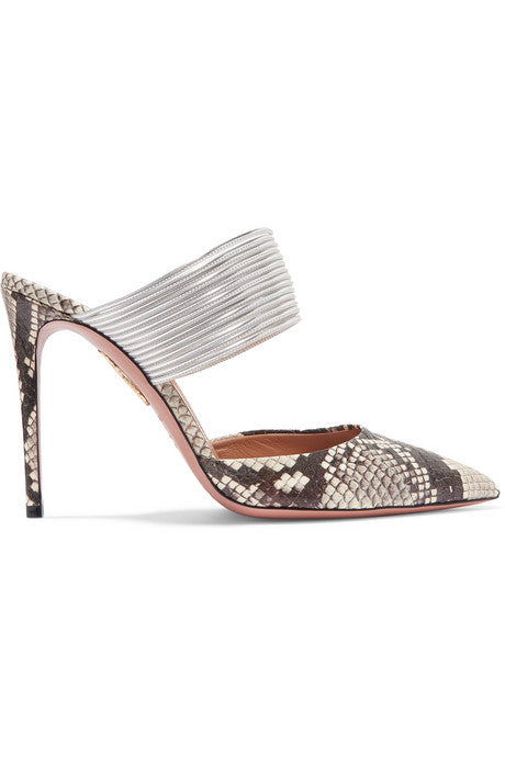 Rendez Vous elaphe and metallic leather mules