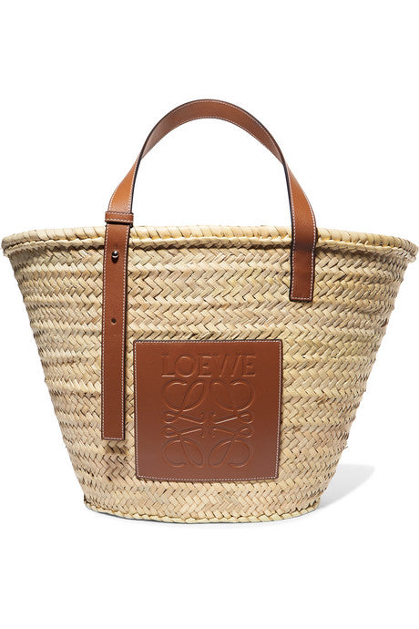 Large leather-trimmed woven raffia tote