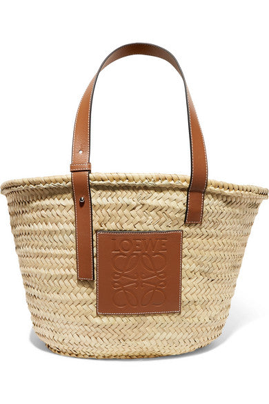 Medium leather-trimmed woven raffia tote