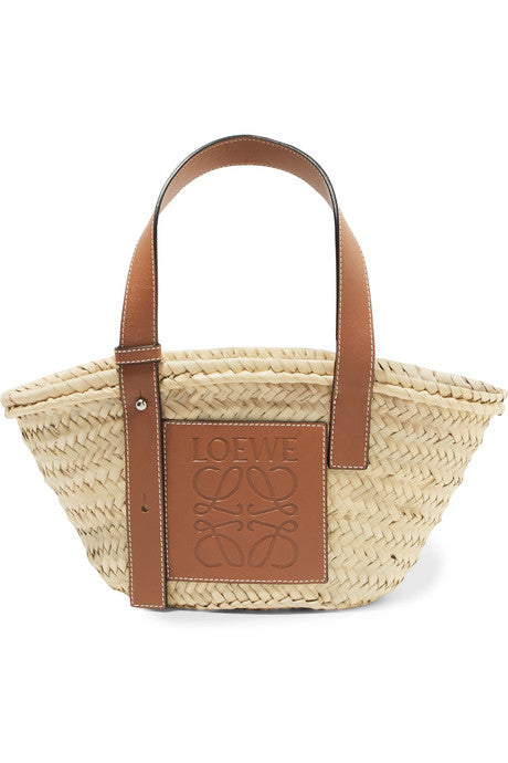 Small leather-trimmed woven raffia tote