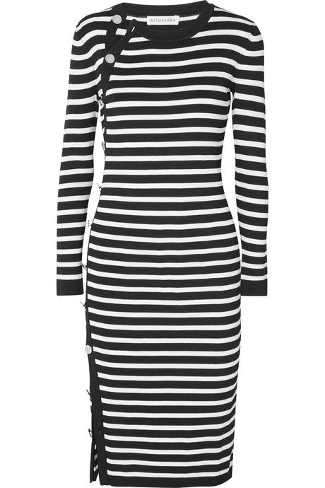 Arzel button-detailed striped ribbed-knit midi dress