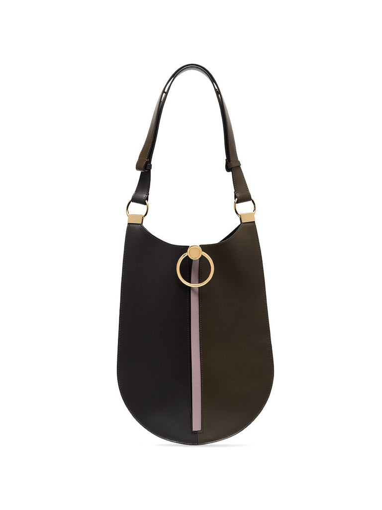 black, brown and lilac earring leather bag