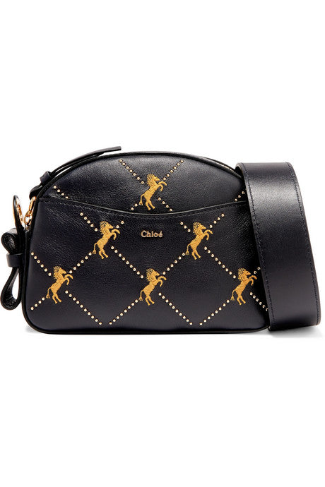 Studded embroidered leather shoulder bag