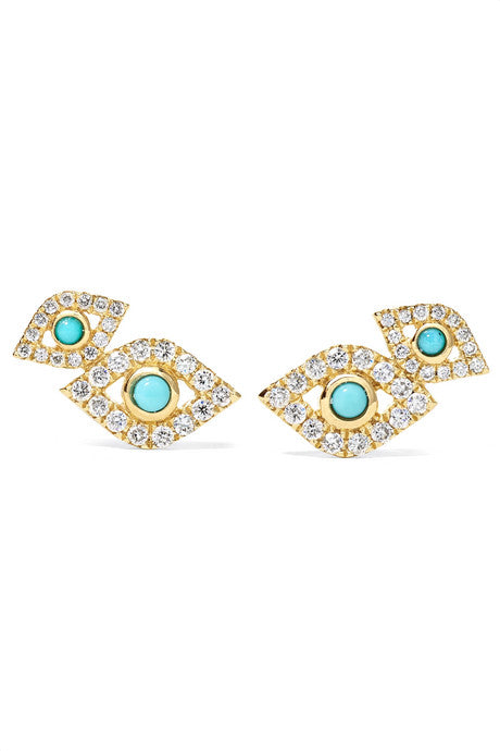 Evil Eye 14-karat gold, diamond and turquoise earrings