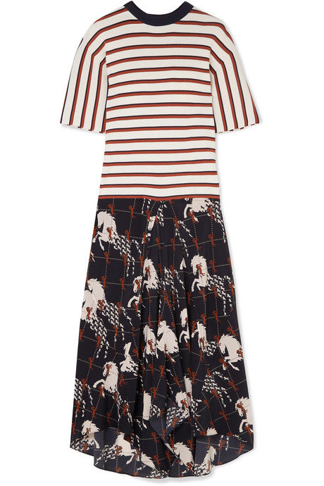 Striped ribbed-knit and printed silk-twill dress