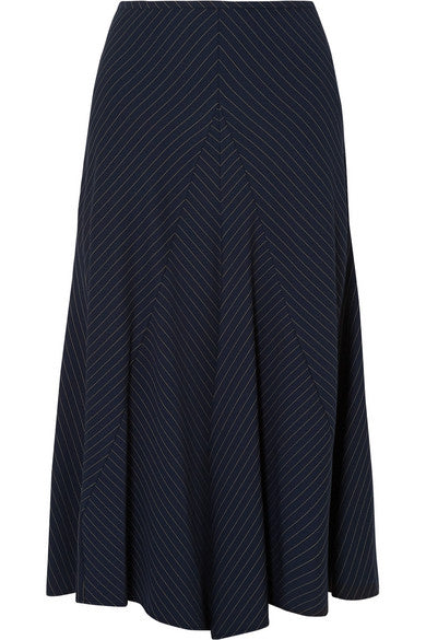 Asymmetric pinstriped woven midi skirt