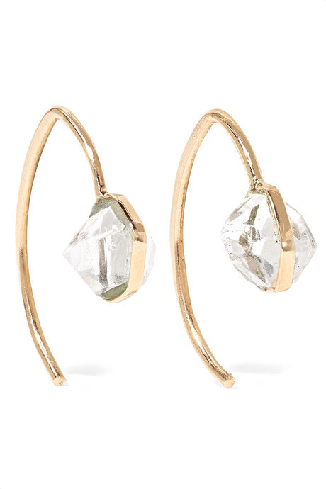 Mini Wishbone 14-karat gold Herkimer diamond earrings