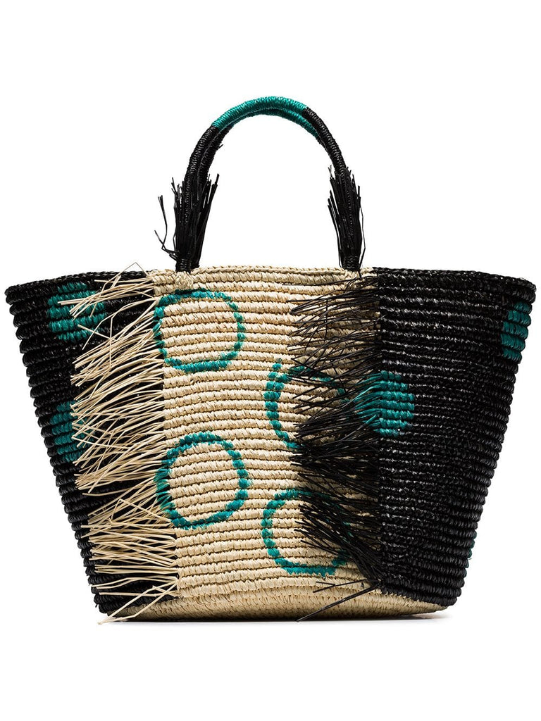 black and green straw tote bag