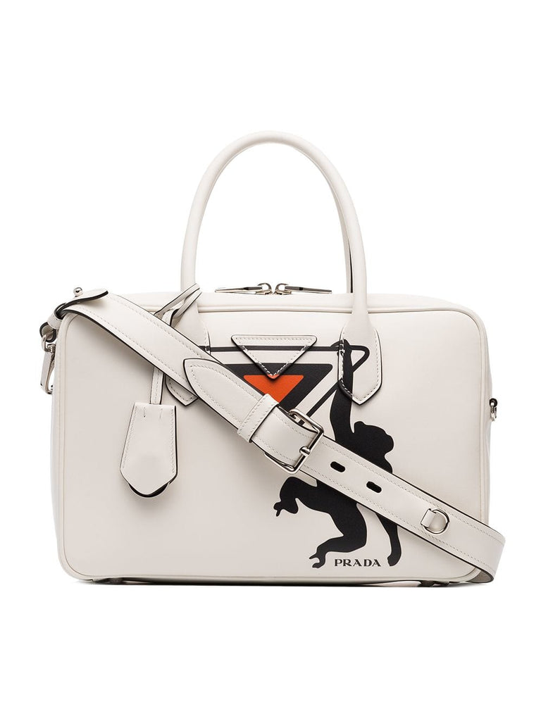 white monkey print leather bowling bag