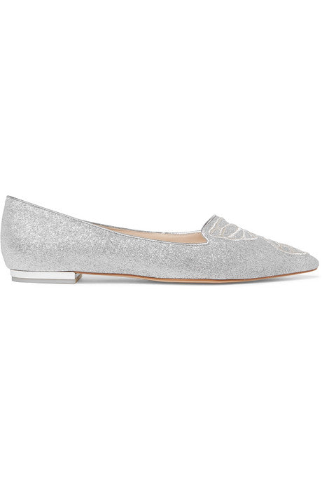 Bibi Butterfly embroidered glittered leather point-toe flats