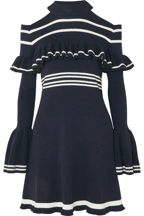 Cold-shoulder ruffled striped ribbed-knit mini dress