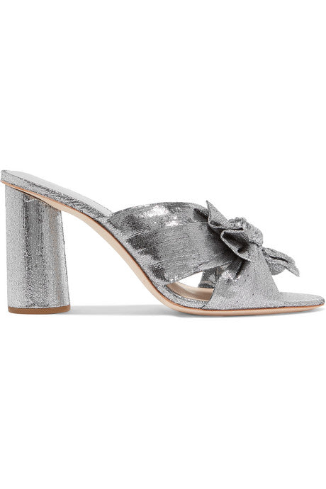 Penny bow-embellished plissé-lamé mules