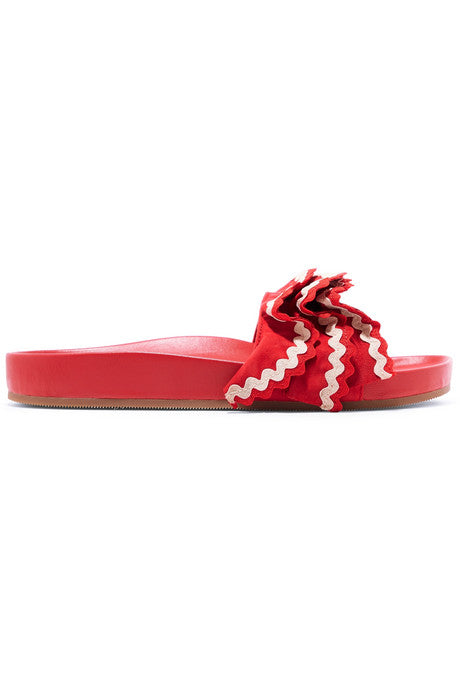 Olive ruffled rickrack-trimmed suede and leather slides