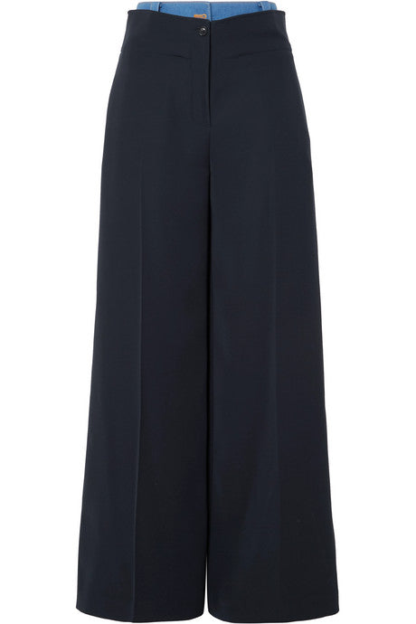 Layered denim-trimmed crepe wide-leg pants