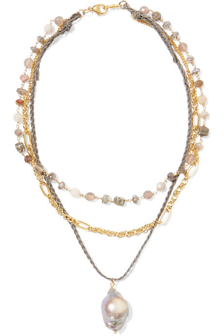 Layered gold-plated and cord multi-stone necklace