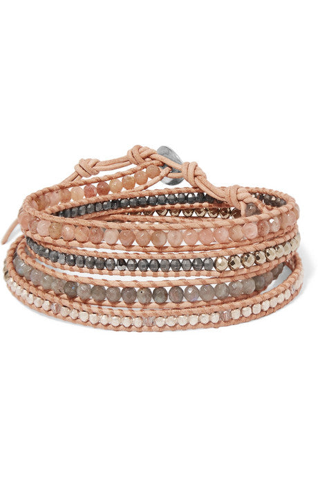 Leather and gunmetal-plated multi-stone wrap bracelet