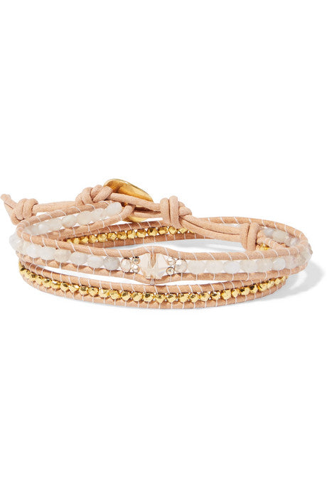 Leather, gold-plated and agate wrap bracelet