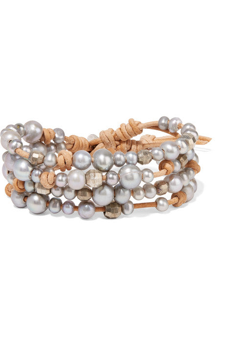 Suede, silver and pearl wrap bracelet