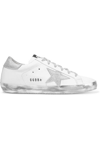 Superstar glittered distressed leather sneakers