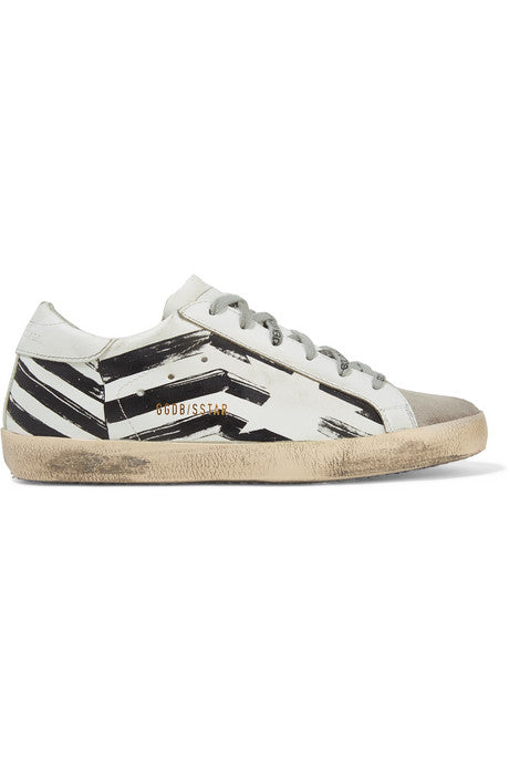 Superstar distressed printed leather and suede sneakers