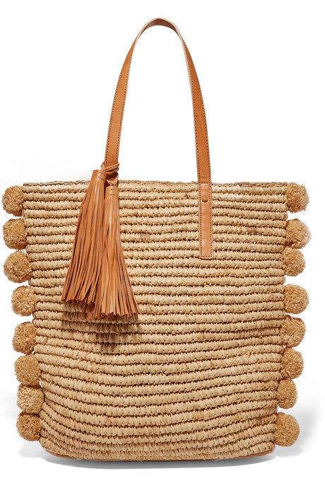 Cruise tasseled pompom-embellished raffia tote