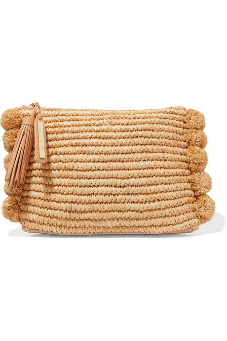 Tasseled pompom-embellished raffia clutch