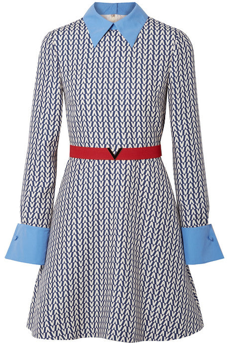 Belted poplin-trimmed printed wool and silk-blend mini dress