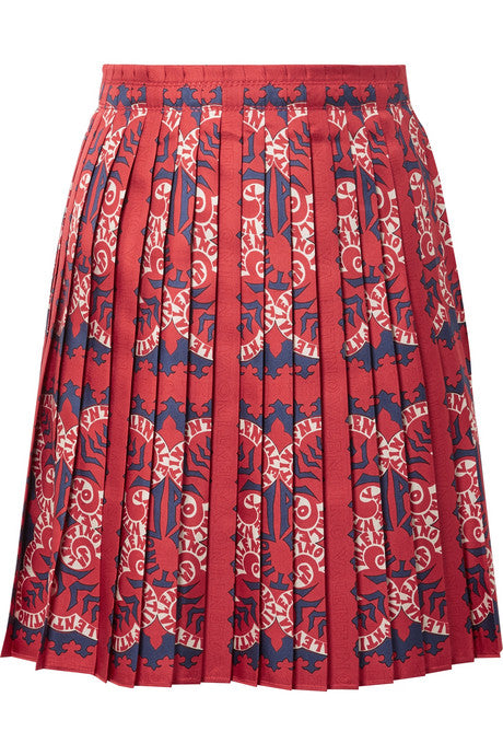 Pleated printed silk mini skirt